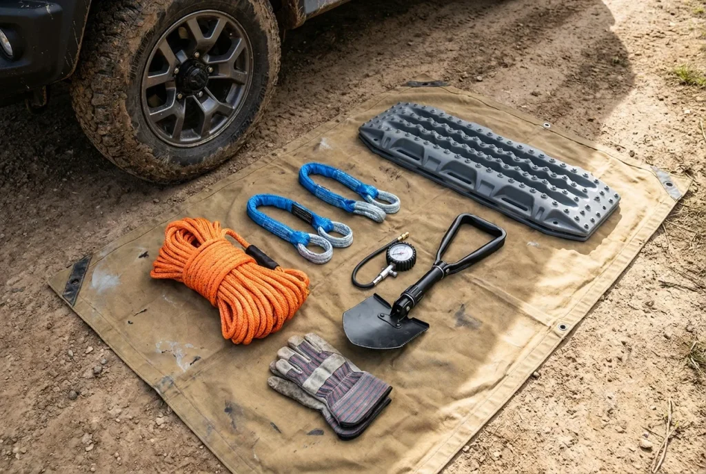Minimum recovery kit laid out beside a Suzuki Jimny