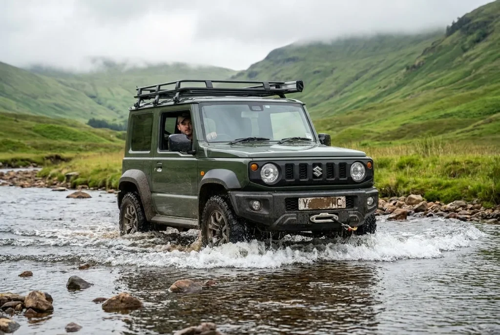 Suzuki Jimny crossing a shallow rocky river
