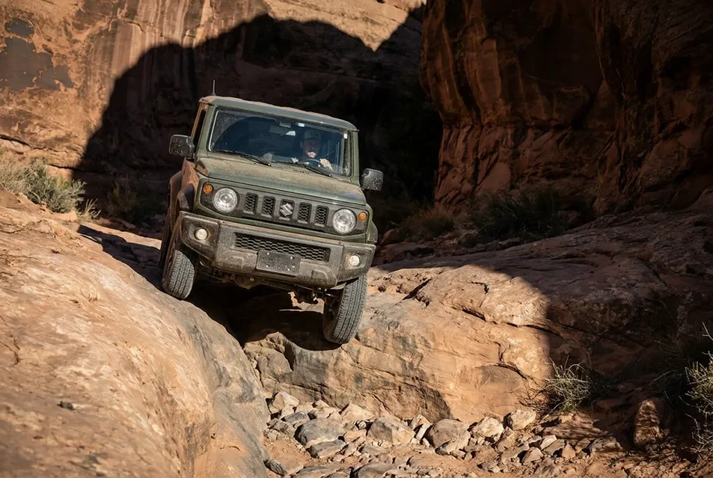 Suzuki Jimny creeping nose-down off a rock ledge