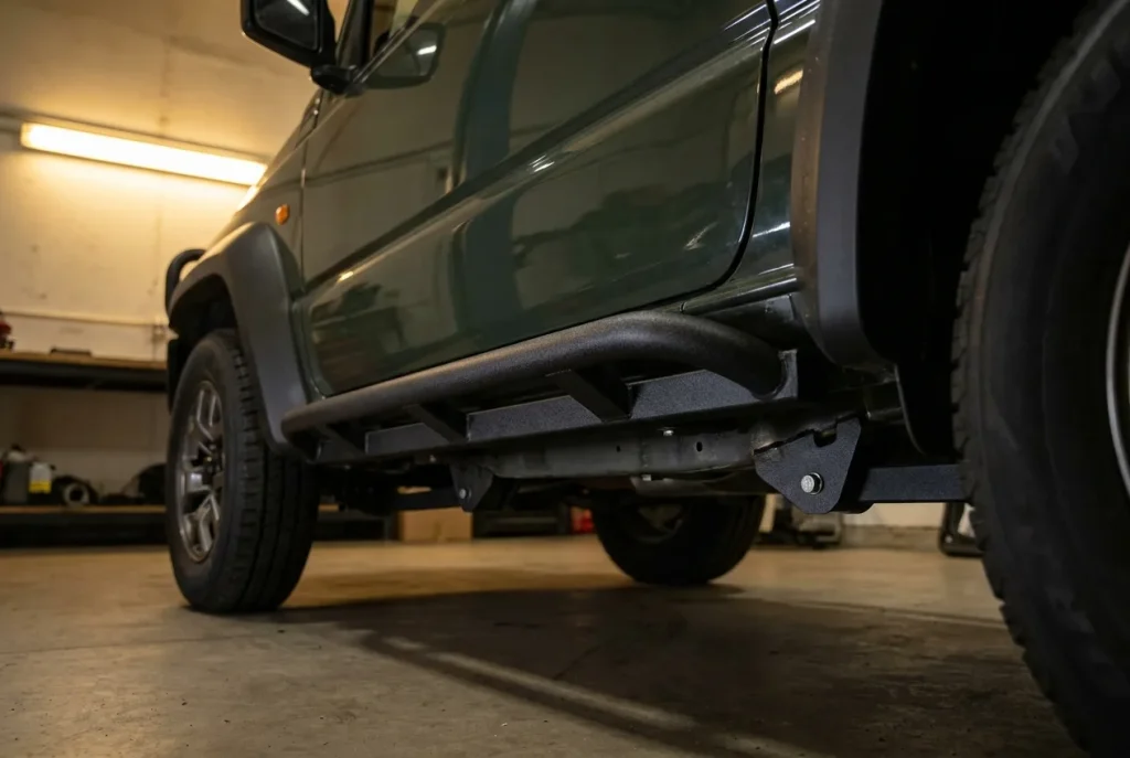 Newly installed black rock sliders on a Suzuki Jimny