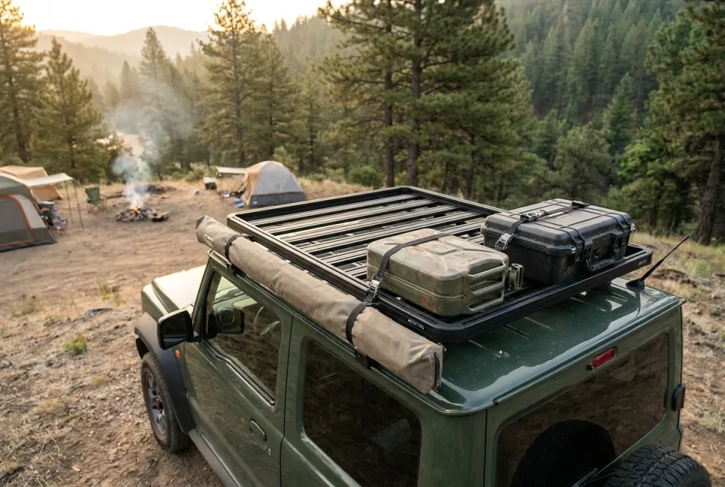 Neatly loaded flat roof rack on a Suzuki Jimny