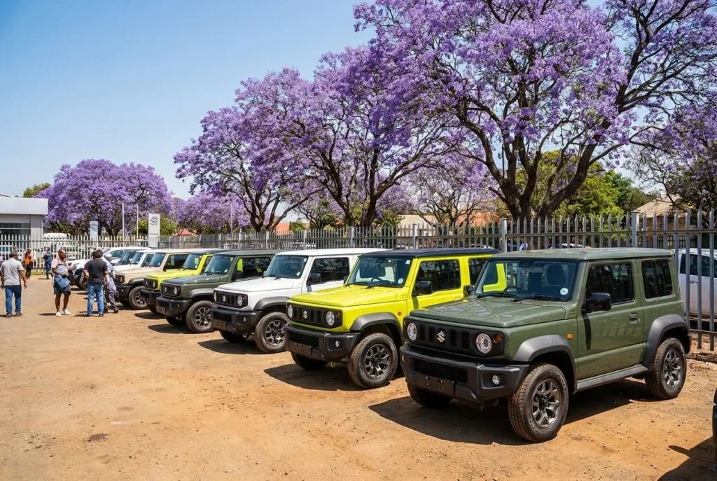 New Suzuki Jimnys on a South African dealership forecourt