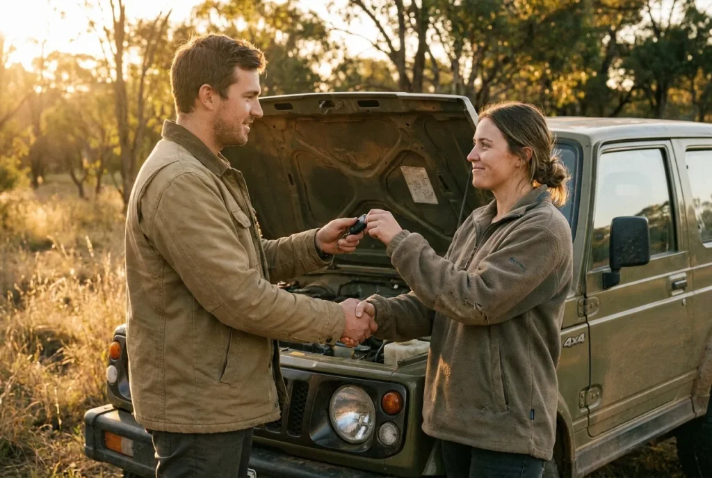 Buyer and seller shaking hands over a Suzuki Jimny key handover