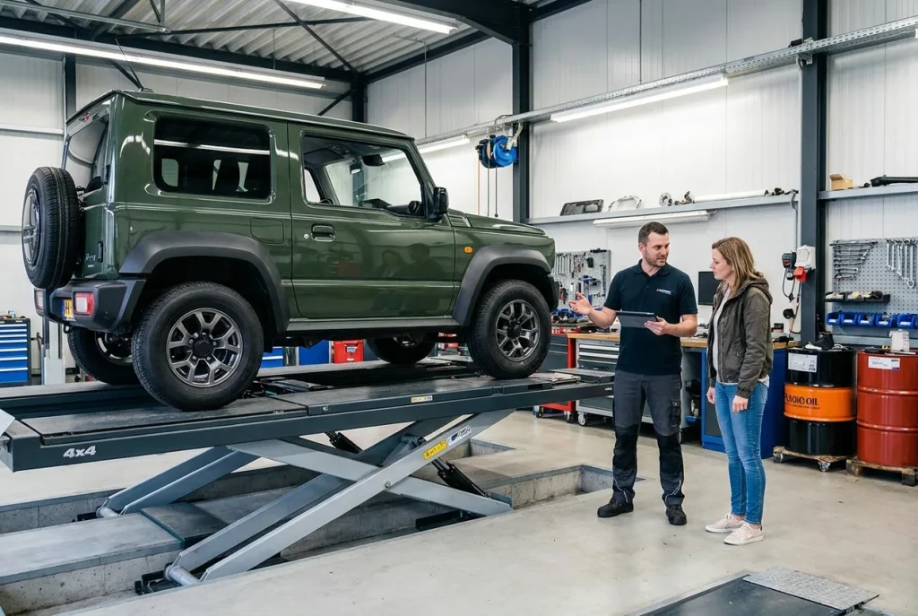 Suzuki Jimny on a service ramp during a routine visit