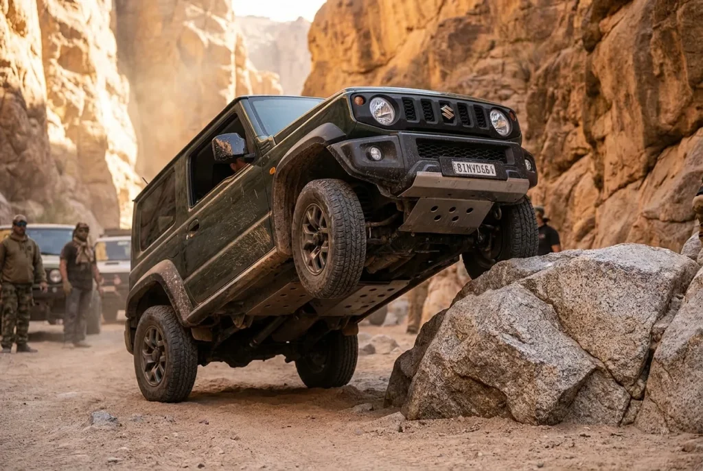 Skid plates clearing a granite boulder under a Jimny