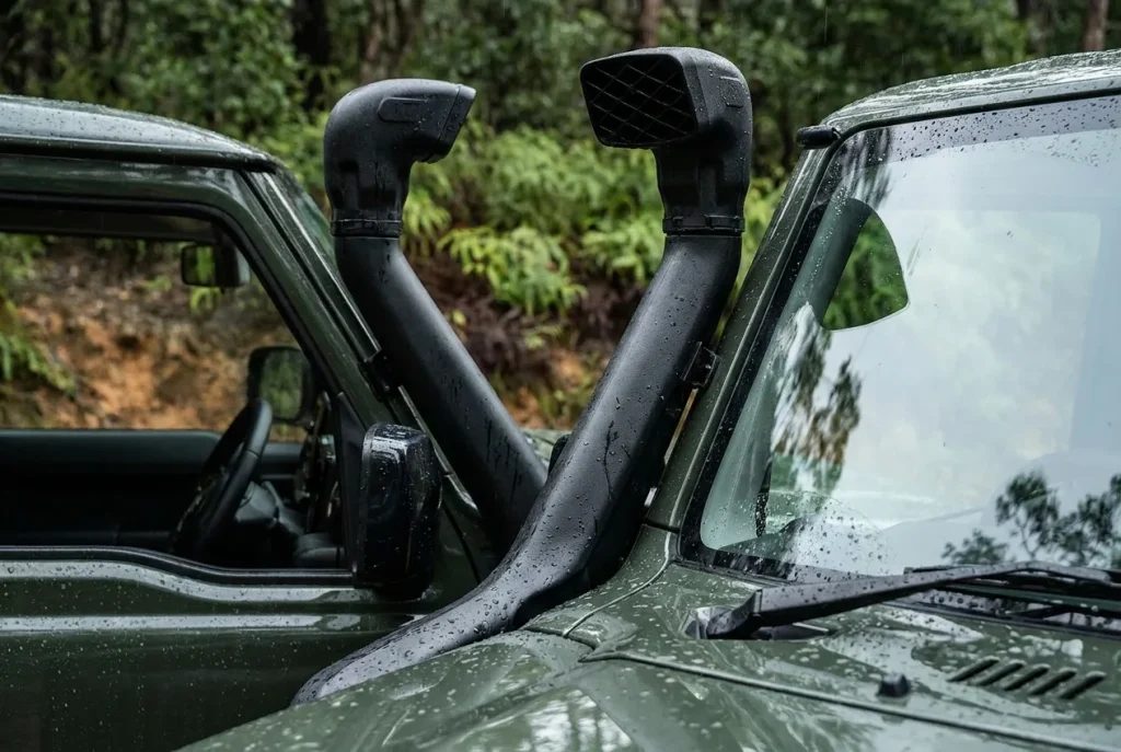 Snorkel fitted to a Suzuki Jimny A-pillar