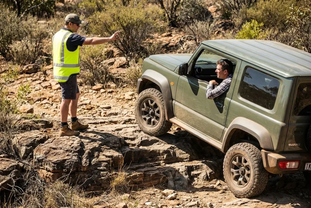 Spotter guiding a Jimny over a stepped ledge