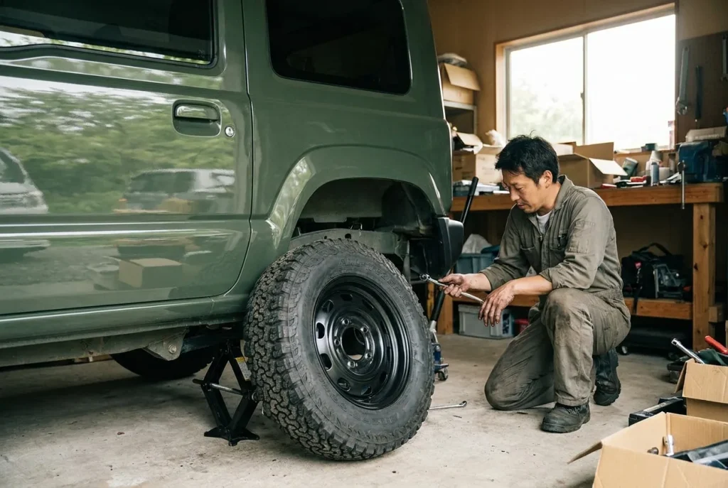 All-terrain tyres being fitted to a Suzuki Jimny at home