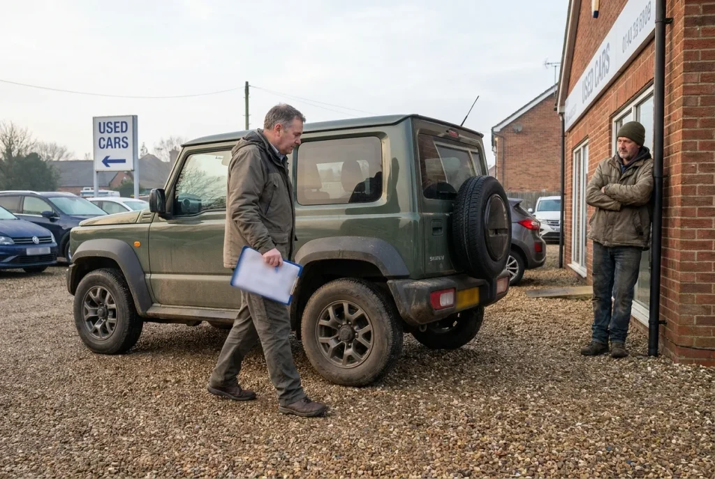 Dealer appraising a used Suzuki Jimny on a forecourt