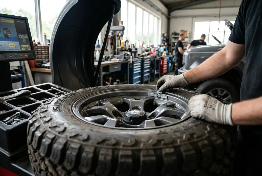 Suzuki Jimny wheel on a tyre balancing machine