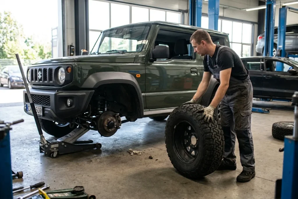 New all-terrain tyre being fitted to a Suzuki Jimny