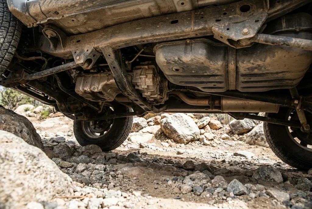 Exposed underbody components of a stock Suzuki Jimny