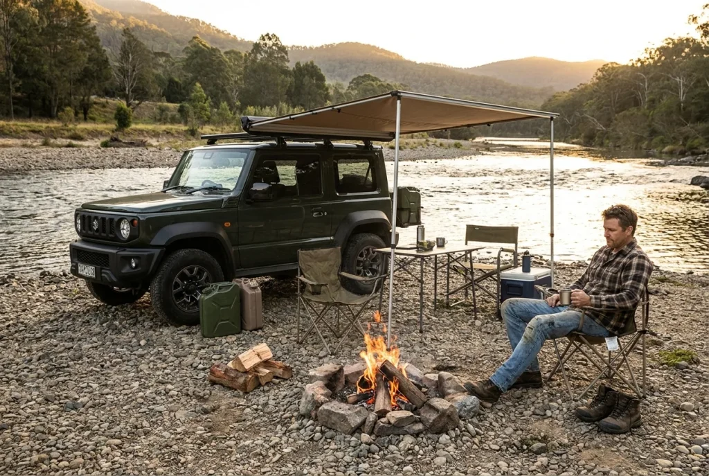 Modified Jimny at a riverside weekend campsite