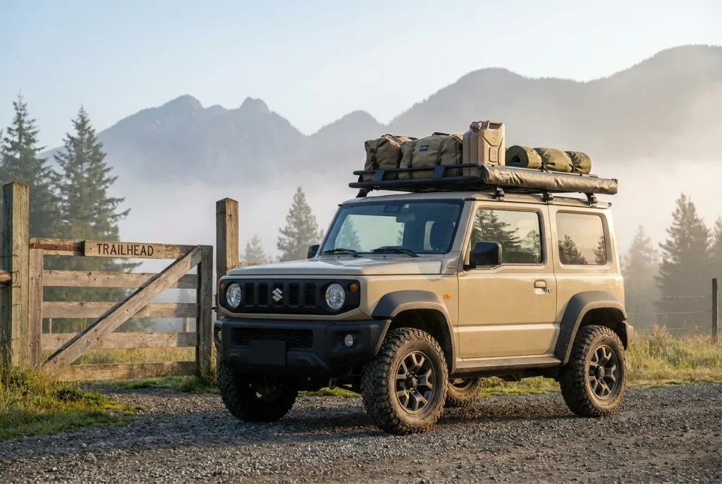 Weekend warrior Jimny ready at a mountain trailhead