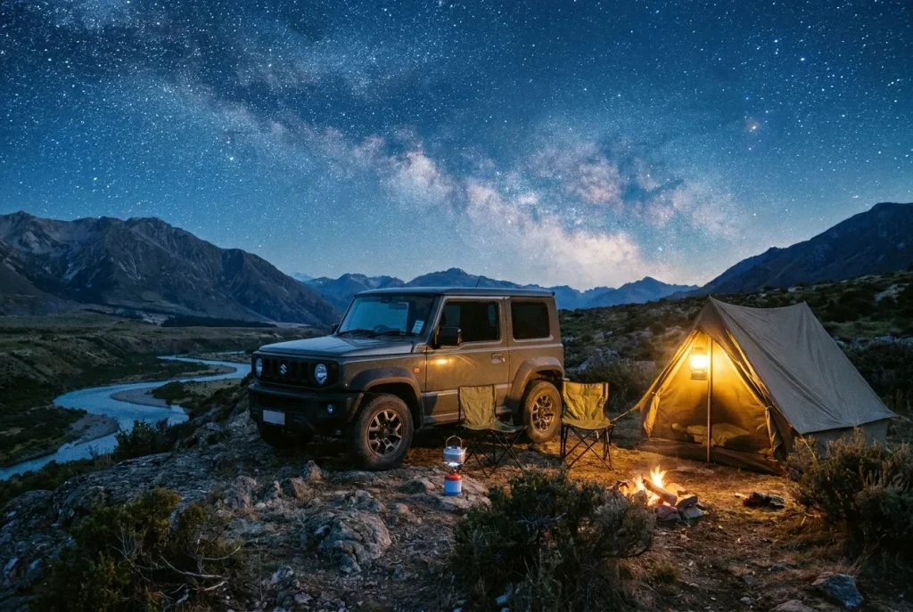 Suzuki Jimny at a remote wild campsite at dusk