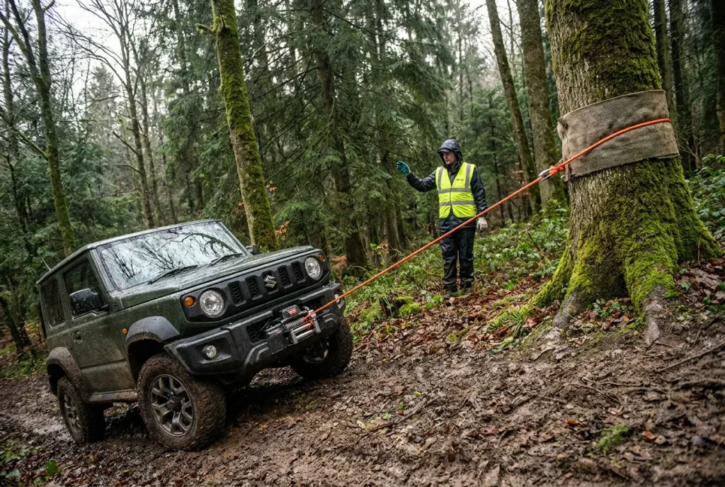 Suzuki Jimny winching itself up a muddy incline