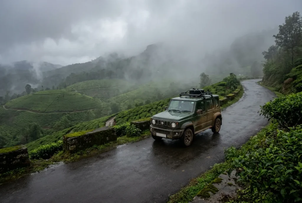 Maruti Jimny climbing a misty hill-station road