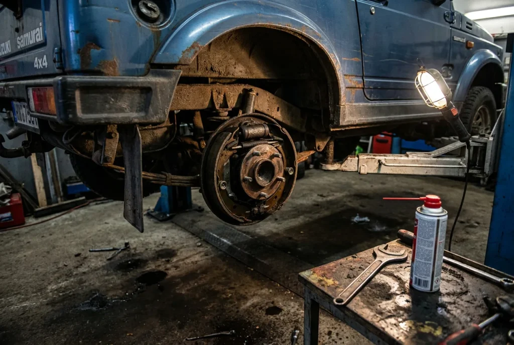 Opened rear drum brake on a classic Samurai