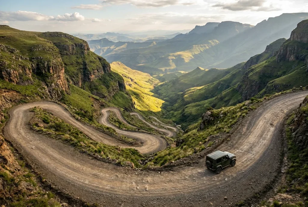 Sani Pass hairpin switchbacks stacked into the valley