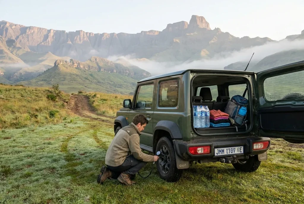 Checking tyres and packing before Sani Pass