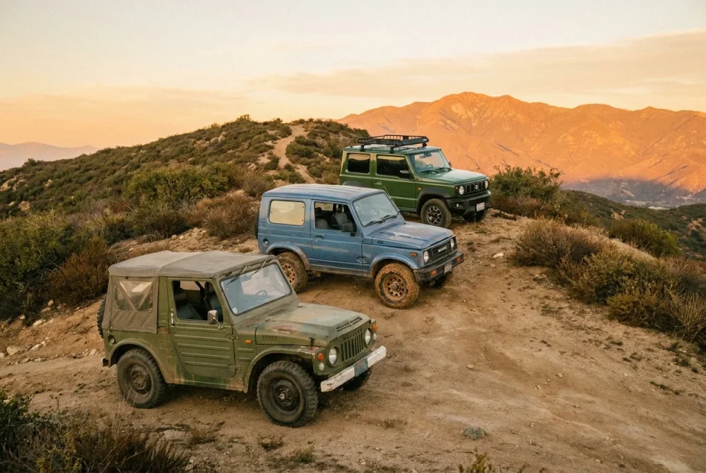 Three generations of Suzuki 4x4 lined up on a ridge