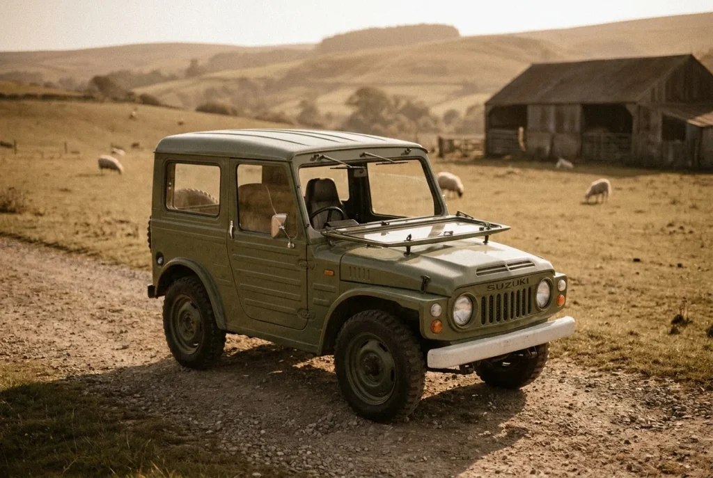 Tiny classic Suzuki LJ-series micro 4x4 on a farm track