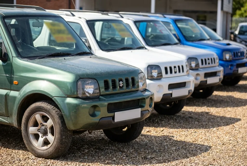 Row of used Suzuki Jimnys for sale on a dealer forecourt
