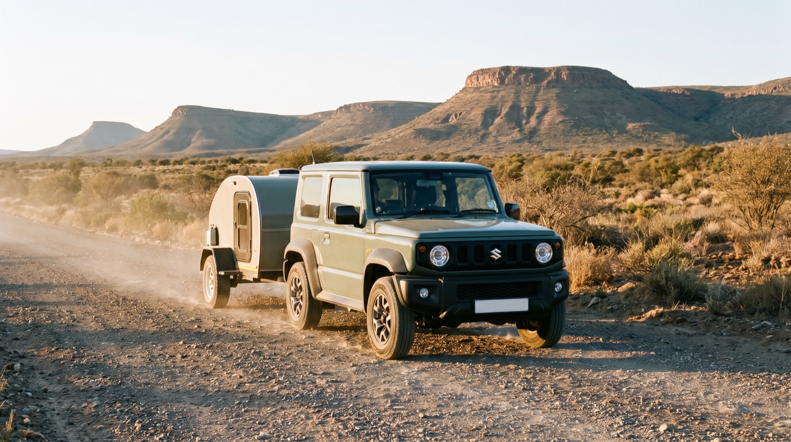 Illustration (AI-generated): a current-generation Suzuki Jimny 3-door towing a small teardrop camper on a gravel road in the Karoo